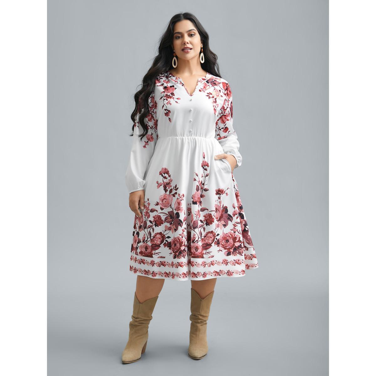 Plus Size Boho Print Lantern Sleeve Button Detail Dress Rosered Women Resort Button Flat collar with V-notch Long Sleeve Curvy BloomChic 22-24/3X Product Image