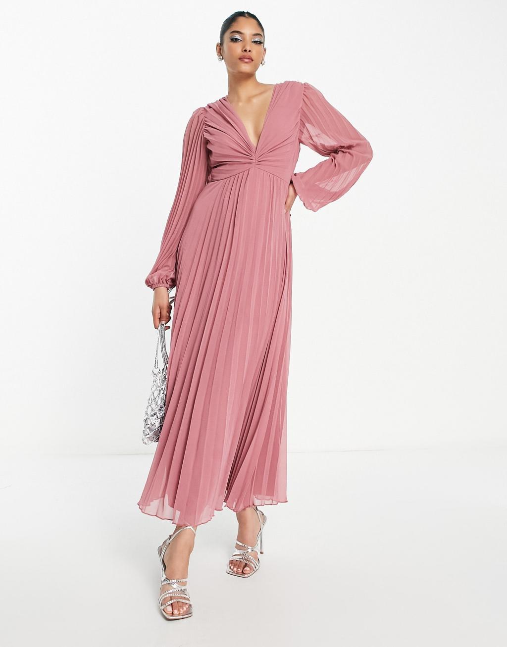 ASOS DESIGN pleated bodice plunge neck midi dress Product Image