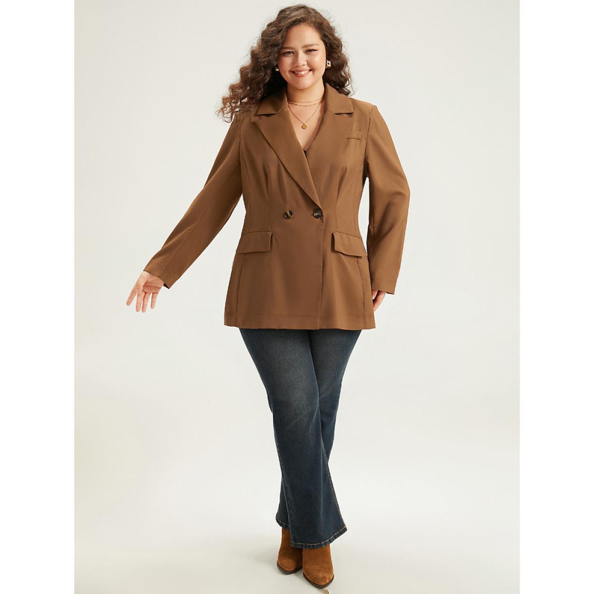 Plus Size Suit Collar Button Up Pocket Blazer DarkBrown Women Dailywear Plain Plain Sleeve Long Sleeve Suit Collar 18-20/2X Pocket Casual Blazers BloomChic Product Image