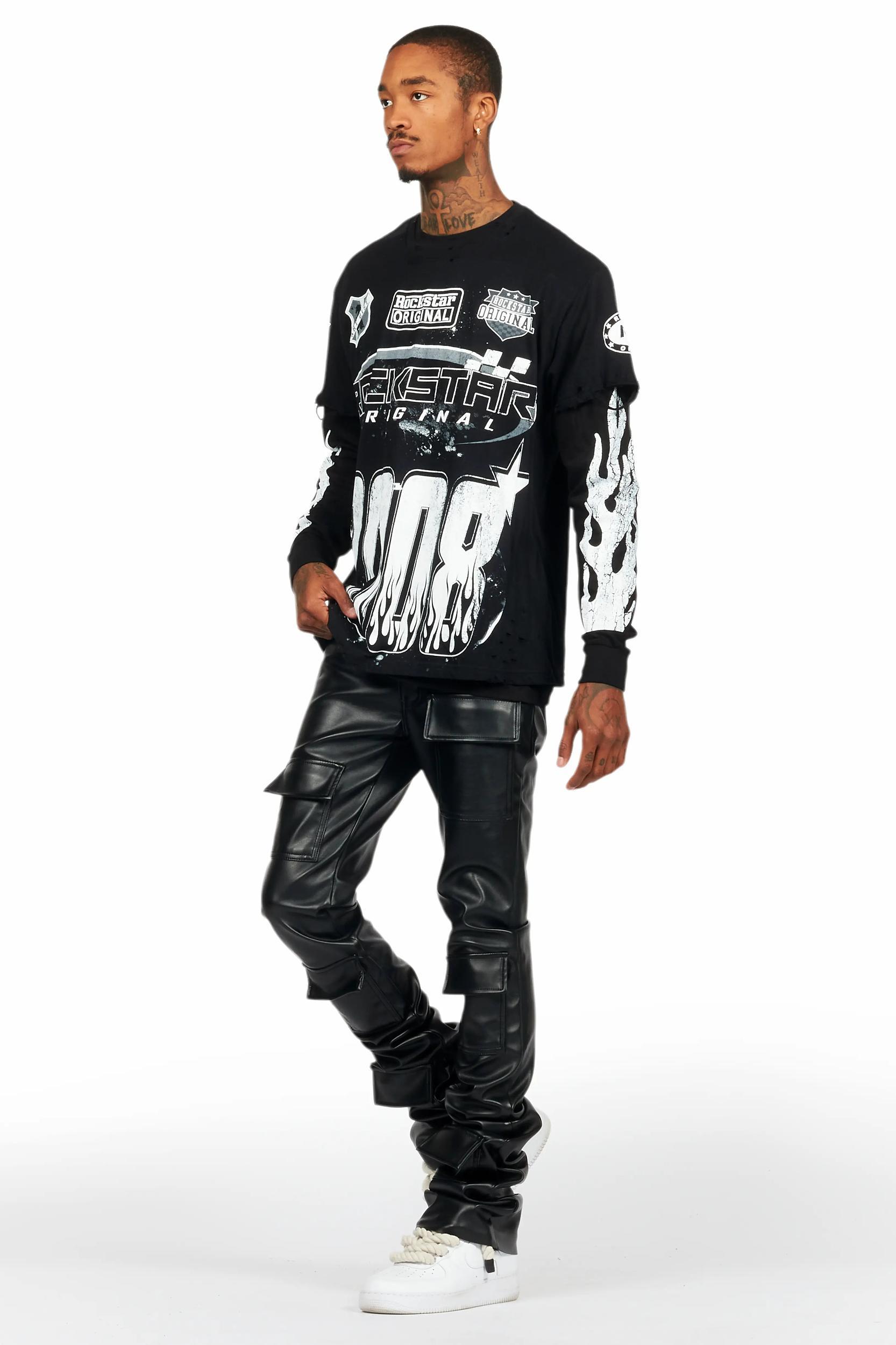 Petrus Jet Black PU Stacked Flare Leather Jean Male Product Image