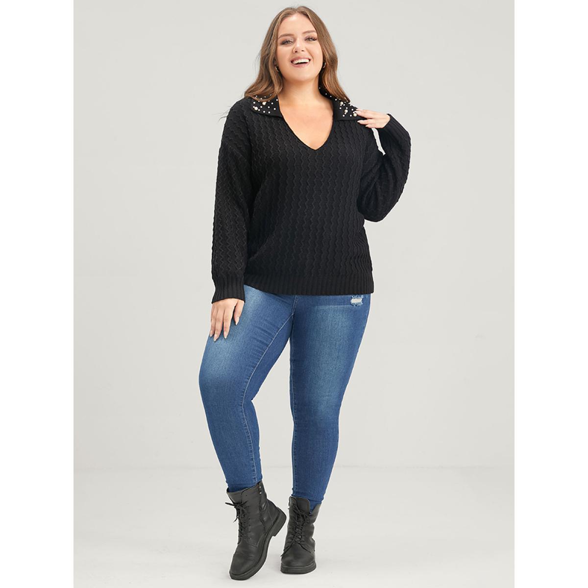 Plus Size Solid Pointelle Knit Pearls Beaded Collar Neck Knit Top Black Women Elegant Long Sleeve Lapel Collar Dailywear Pullovers BloomChic 22-24/3X Product Image