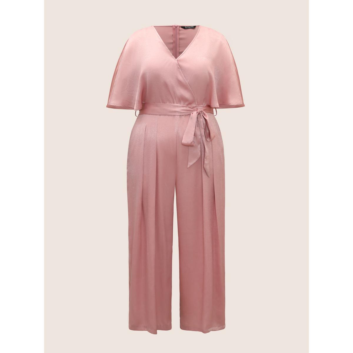 Plus Size Rouge Plain Wrap Pleated Sleeveless Jumpsuit Women Elegant Sleeveless Overlap Collar Everyday Loose Jumpsuits BloomChic 12/L Product Image