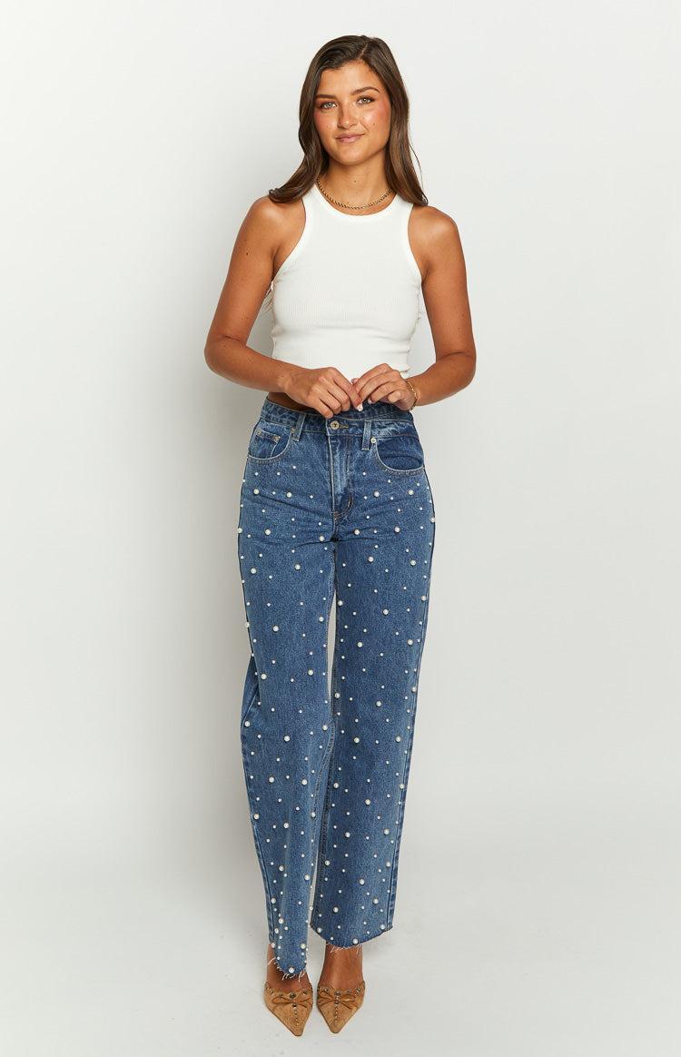 Denim Dazzle Pearl Mid Wash High Waisted Jeans Girls Product Image
