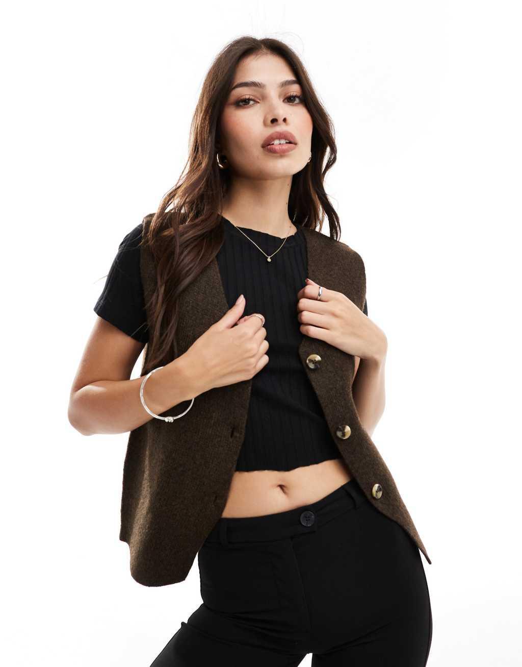 Threadbare v-neck knit button up vest in light brown Product Image
