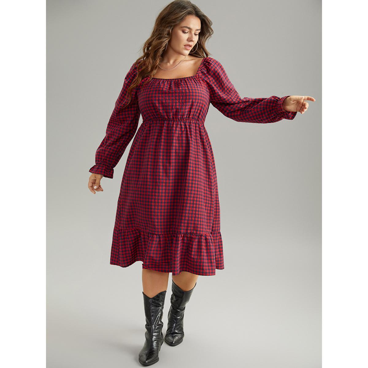 Plus Size Gingham Square Neck Shirred Gathered Ruffles Dress Scarlet Women Casual Gathered Square Neck Long Sleeve Curvy Midi Dress BloomChic 18-20/2X Product Image