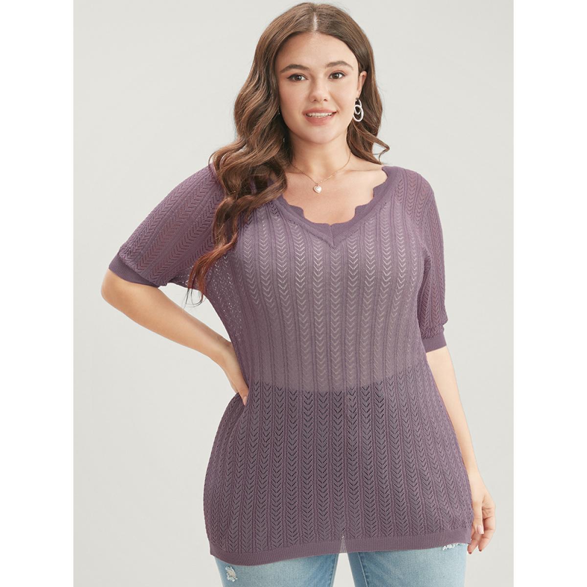 Plus Size Plain Geometric Lace Trim V Neck Knit Top Heather Women Casual Short sleeve V-neck Dailywear Pullovers BloomChic 26/4X Product Image