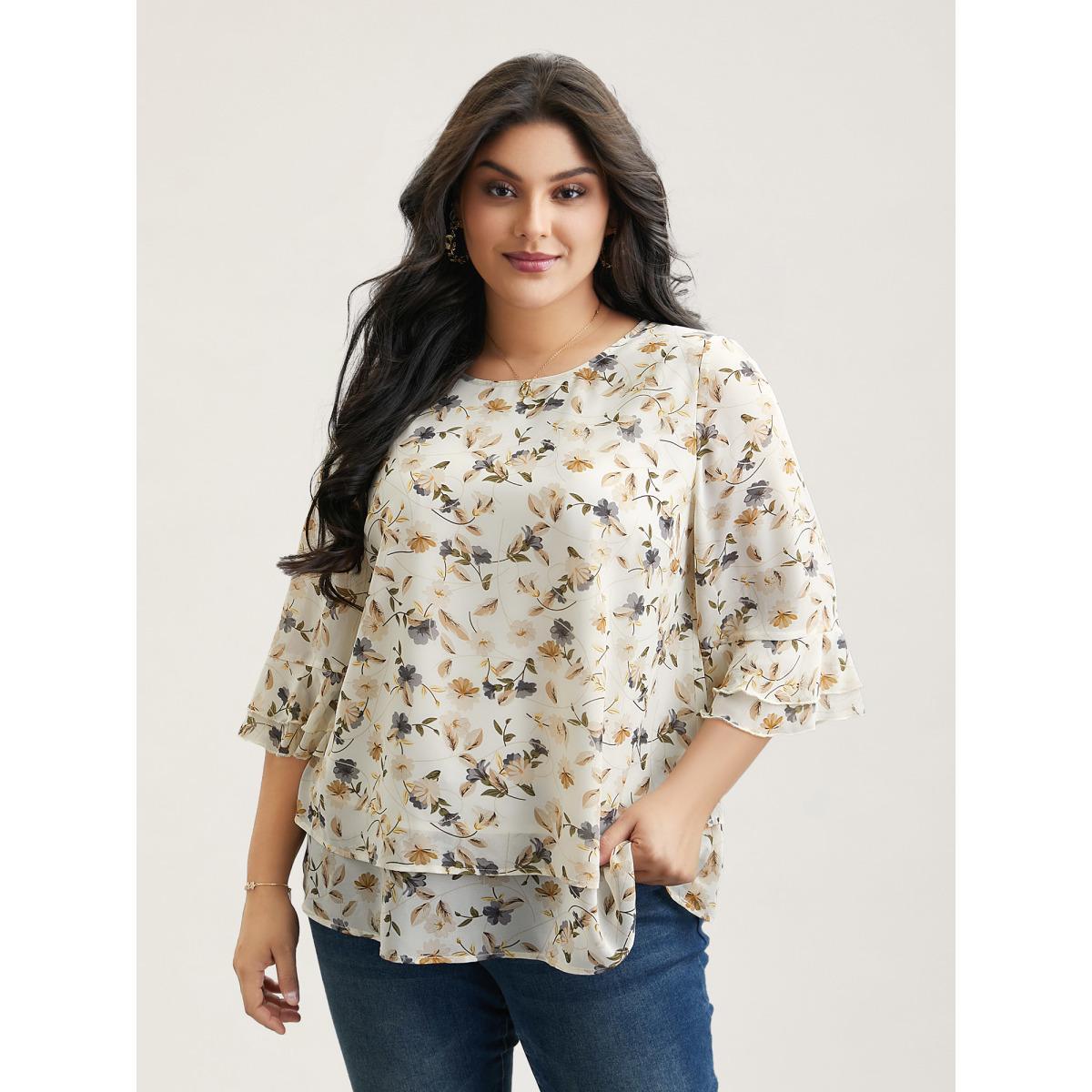 Plus Size Ivory Chiffon Floral Print Layered Blouse Women Elegant Elbow-length sleeve Round Neck Everyday Blouses BloomChic 22-24/3X Product Image