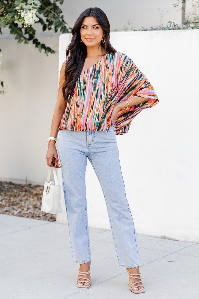 All Dressed Up Multi Printed Satin One Shoulder Blouse FINAL SALE Product Image