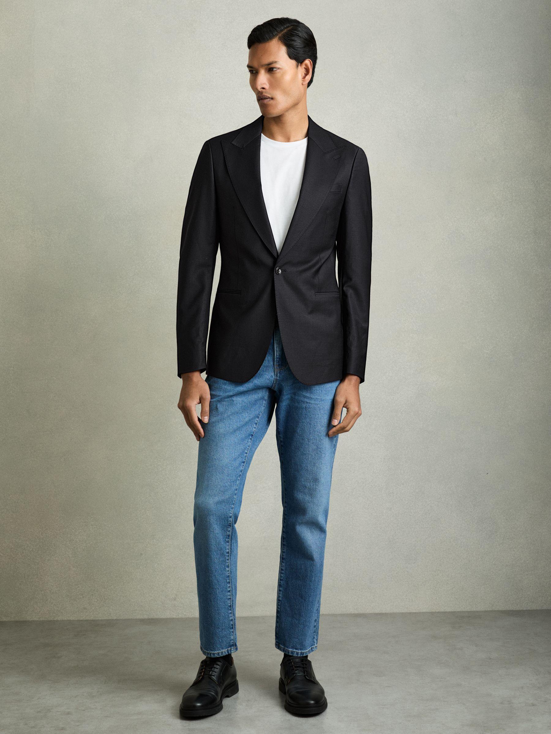 Regular-Fit Single-Breasted Wool-Blend Suit Blazer in Navy Product Image