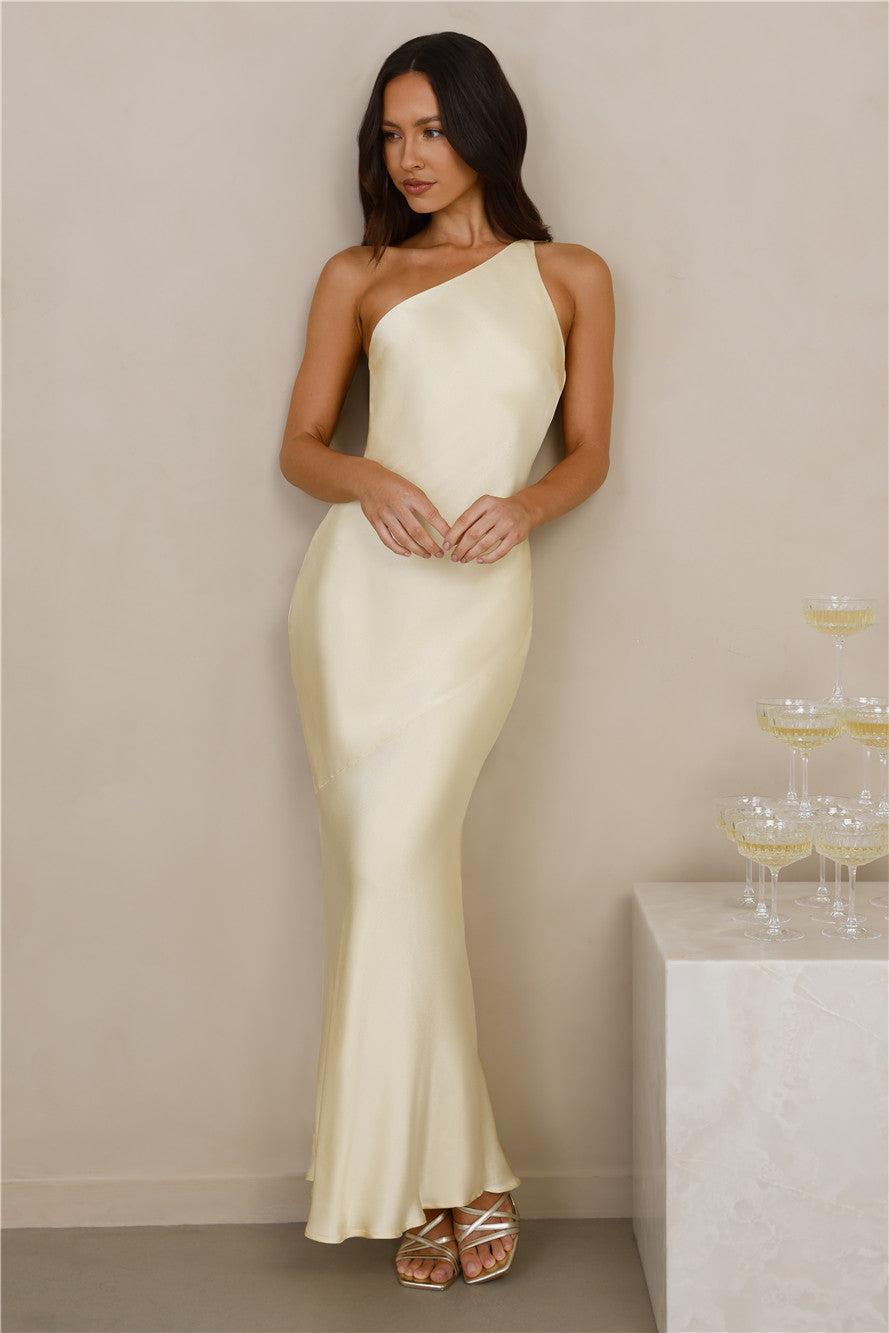 The Evangeline One Shoulder Satin Maxi Dress Yellow Product Image