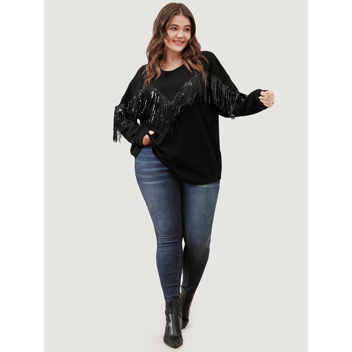 Plus Size Solid Fringe Trim Sequin Drop Shoulder Sweatshirt Women Black Party Patchwork Round Neck Going out Sweatshirts BloomChic 30/6X Product Image