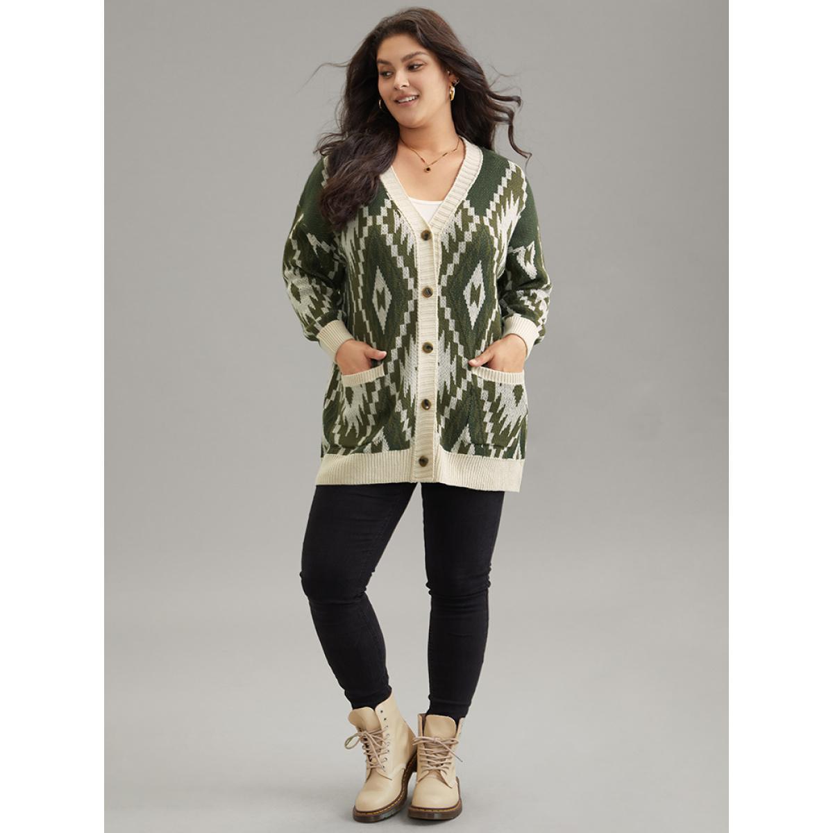 Plus Size Bandana Jacquard Button Through Patched Pocket Cardigan ArmyGreen Women Casual Loose Long Sleeve Dailywear Cardigans BloomChic 26/4X Product Image