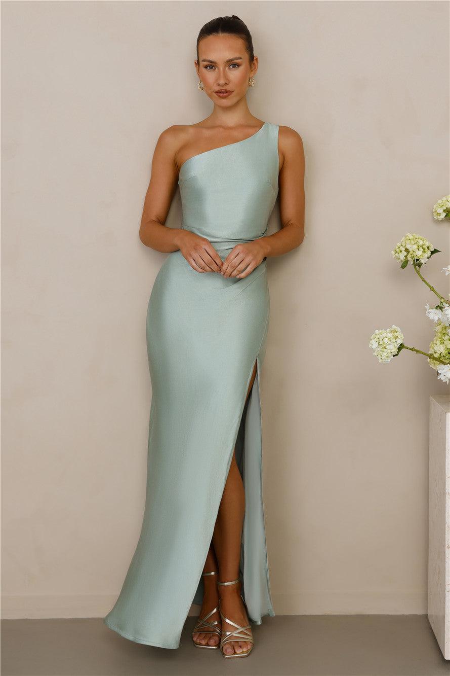 The Aurora One Shoulder Satin Maxi Dress Sage Product Image