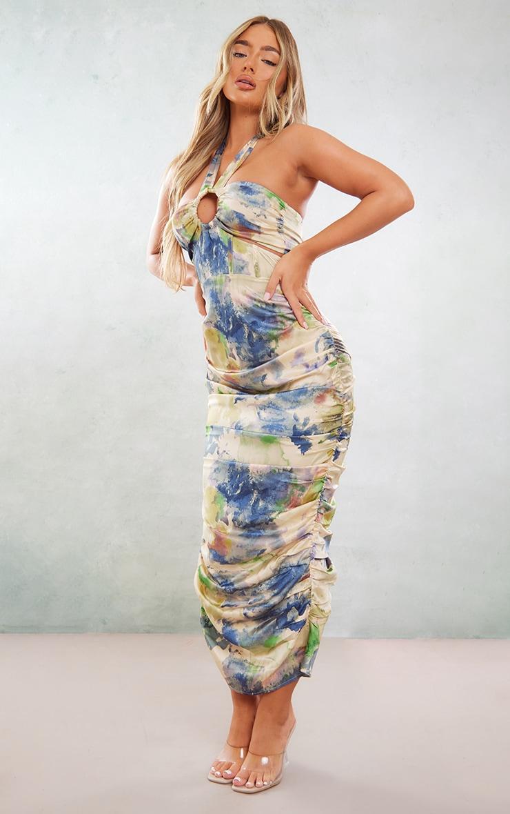 Multi Abstract Print Satin Ring Corset Detail Midaxi Dress Product Image