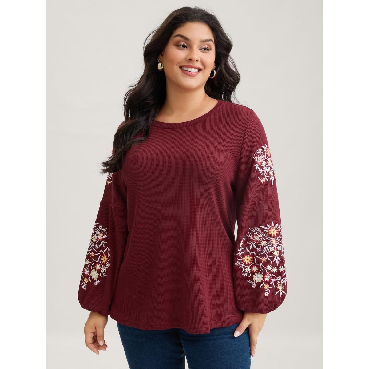 Plus Size Waffle Knit Floral Embroidered Lantern Sleeve T-shirt Burgundy Women Elegant Texture Floral Round Neck Everyday T-shirts BloomChic 18-20/2X Product Image