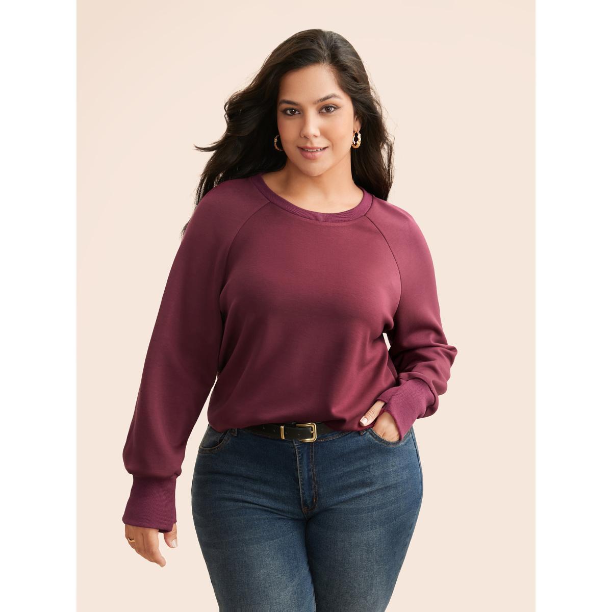 Plus Size Solid Raglan Sleeve Slit Hem Sweatshirt Women Plum Casual Slit Loose Non Everyday Sweatshirts BloomChic 18-20/2X Product Image