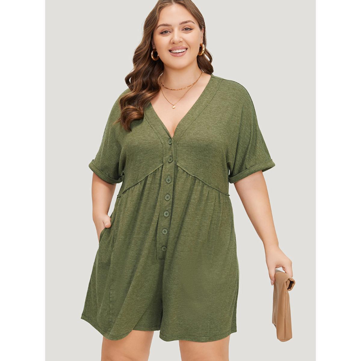 Plus Size ArmyGreen Solid Button Through Pocket Cuffed Batwing Sleeve Romper Women Casual Short sleeve V-neck Dailywear Loose Jumpsuits BloomChic 14-16/1X Product Image