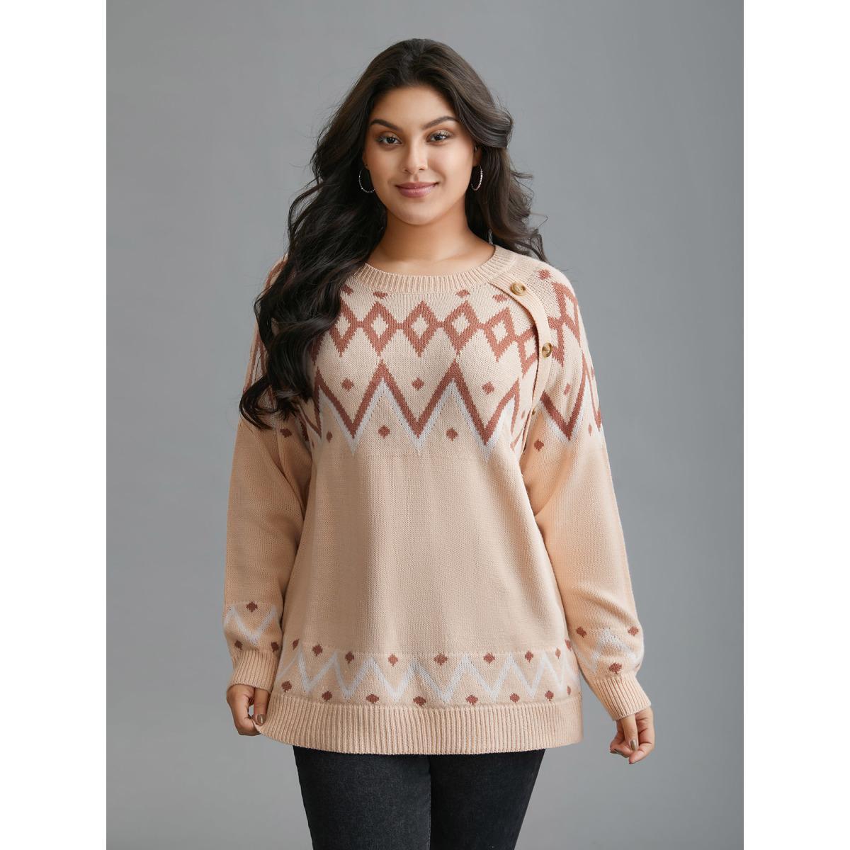 Plus Size Jacquard Print Button Round Neck Pullover Apricot Women Casual Loose Long Sleeve Round Neck Everyday Pullovers BloomChic 12/L Product Image