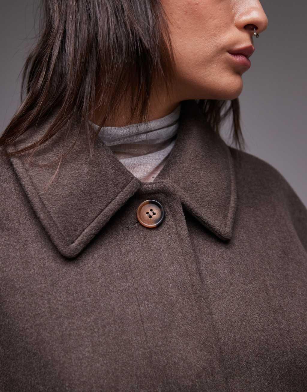 Topshop belted long line formal coat in brown Product Image