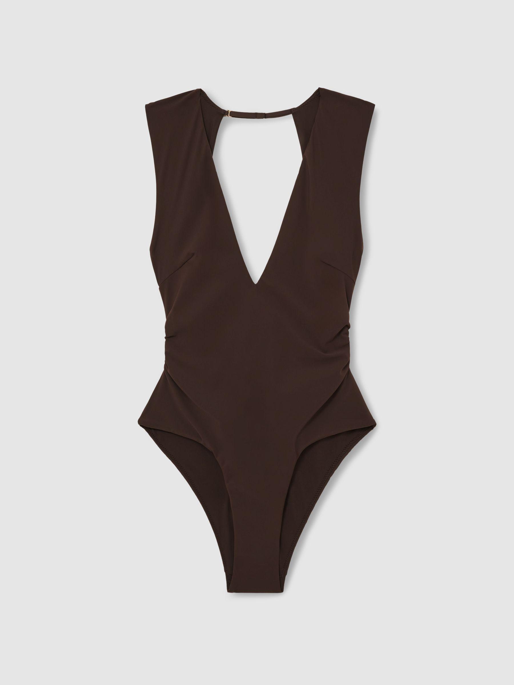 Plunge Ruched Open-Back Swimsuit in Mocha Product Image