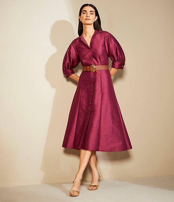 Donna Karan Short Sleeve Collared Neck Belted Midi Dress Product Image