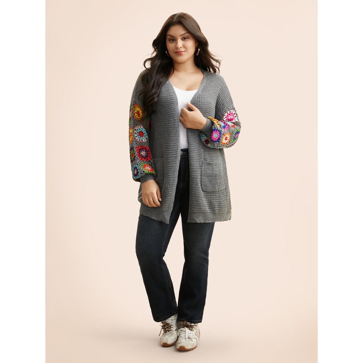 Plus Size Crochet Floral Drop Shoulder Cut Out Cardigan DarkGray Women Resort Loose Long Sleeve Vacation Cardigans BloomChic 26/4X Product Image