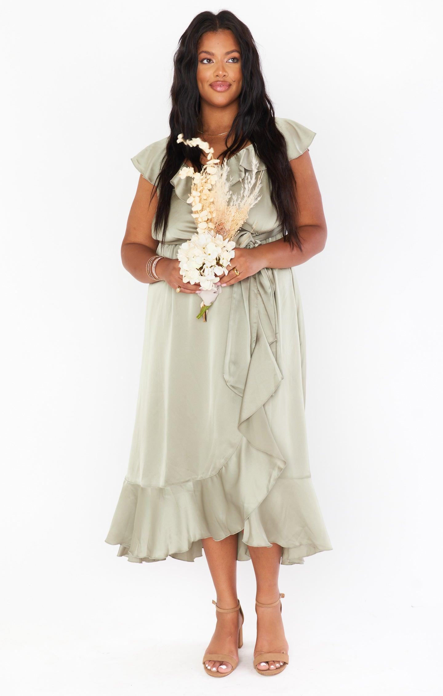 Samantha Ruffle Wrap Dress ~ Rose Gold Luxe Satin Product Image