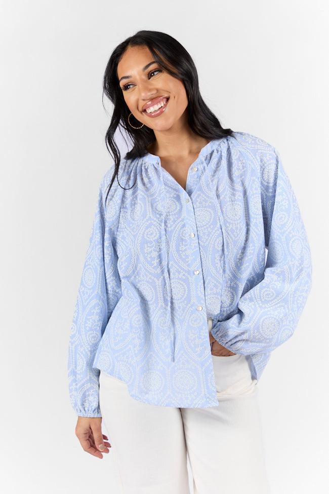 Downtown Delight Blue Embroidered Woven Button Down Blouse SALE Product Image