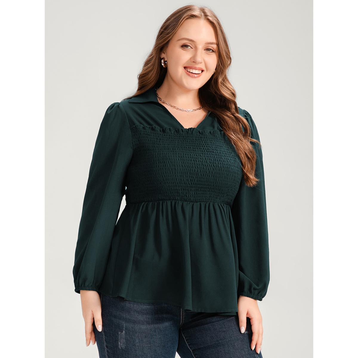 Plus Size DarkGreen Solid Lantern Sleeve Shirred Ruffles Blouse Women Office Long Sleeve Shirt collar Work Blouses BloomChic 22-24/3X Product Image