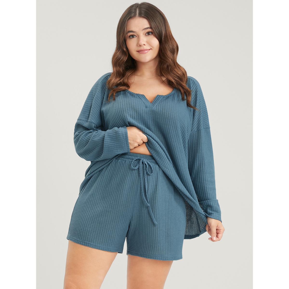 Plus Size Solid Notched Waffle Knit Pajama Set Women Cerulean Plain Plain Long Sleeve Notched collar Casual Loungewear Sets BloomChic 28/5X Product Image