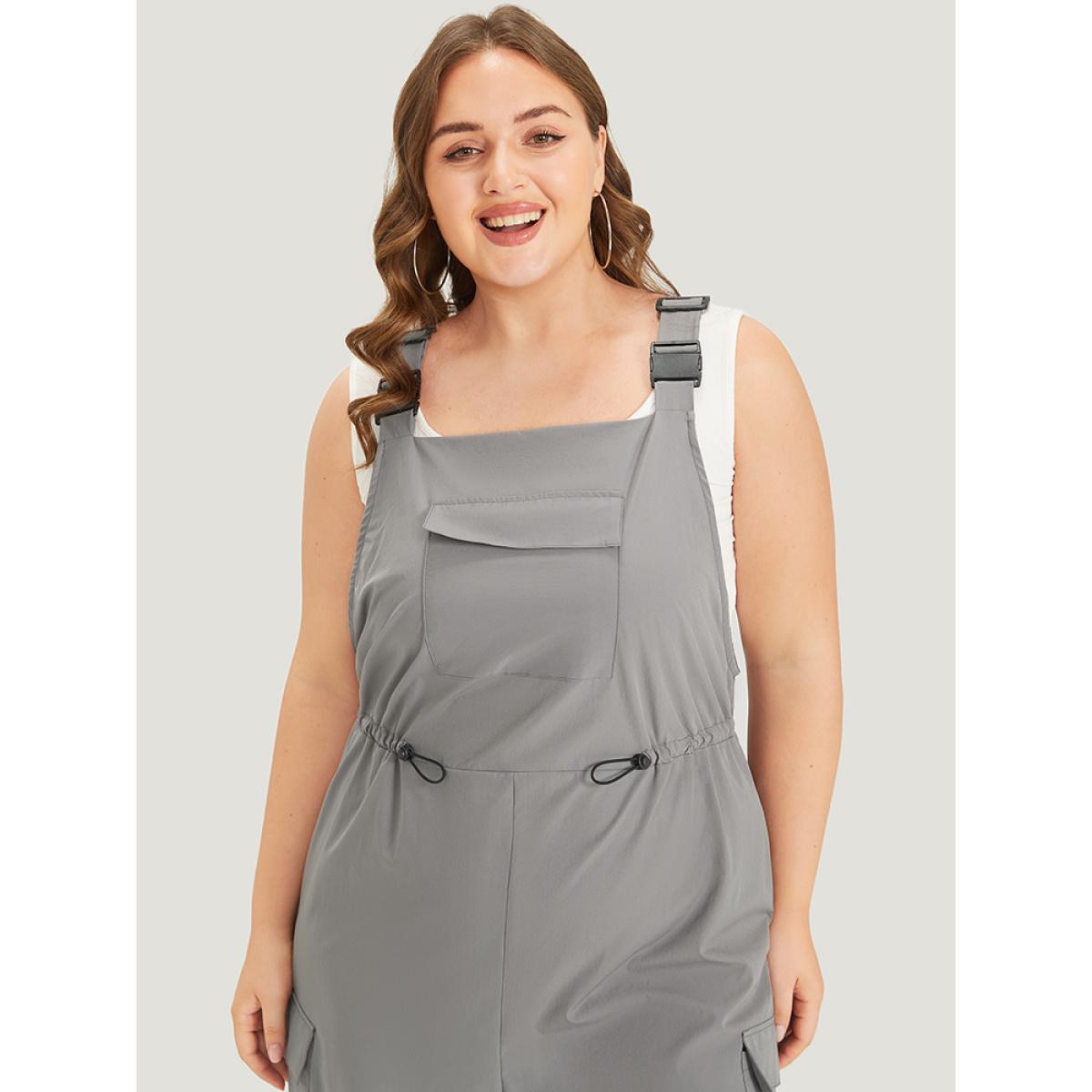Plus Size Gray Solid Flap Pocket Drawstring Side Overall Jumpsuit Women Casual Sleeveless Spaghetti Strap Dailywear Loose Jumpsuits BloomChic 28/5X Product Image