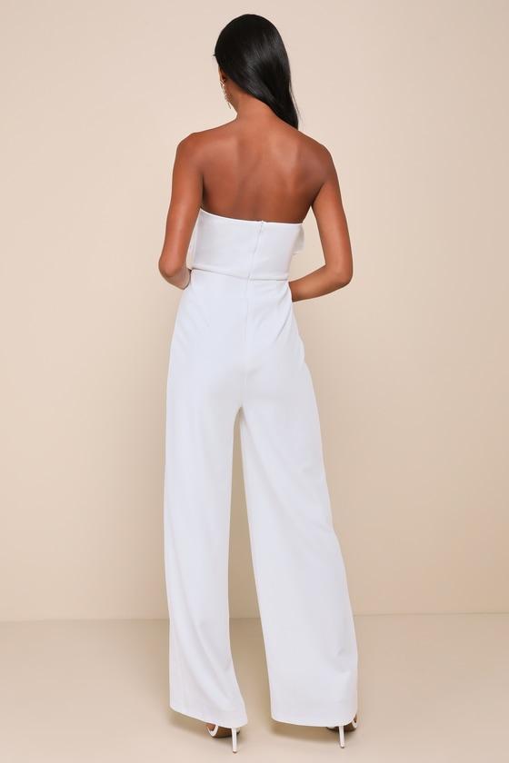 Gleaming Delight White Strapless Pearl Bow Wide-Leg Jumpsuit Product Image
