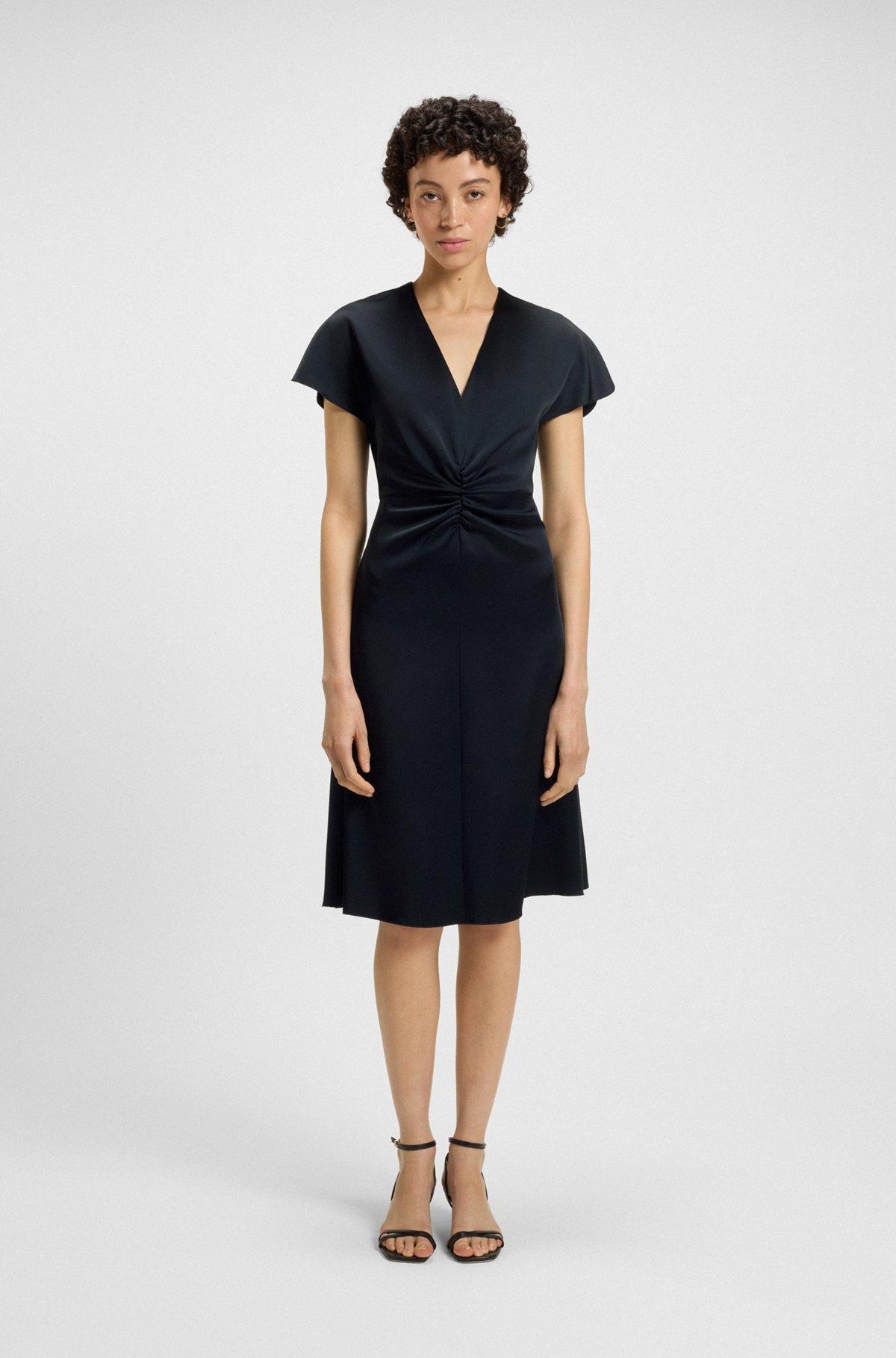 BOSS - V-neck dress with gathered waistband - Dark Blue Product Image
