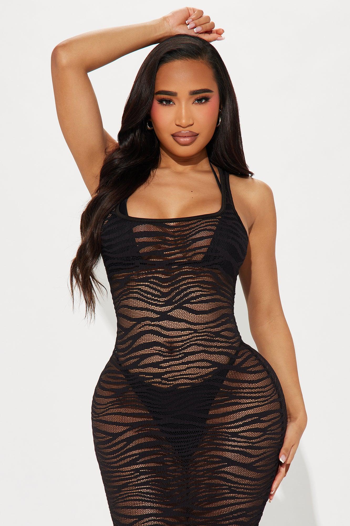 Vacation Ready Zebra Fishnet Cover Up Midi Dress - Black Product Image