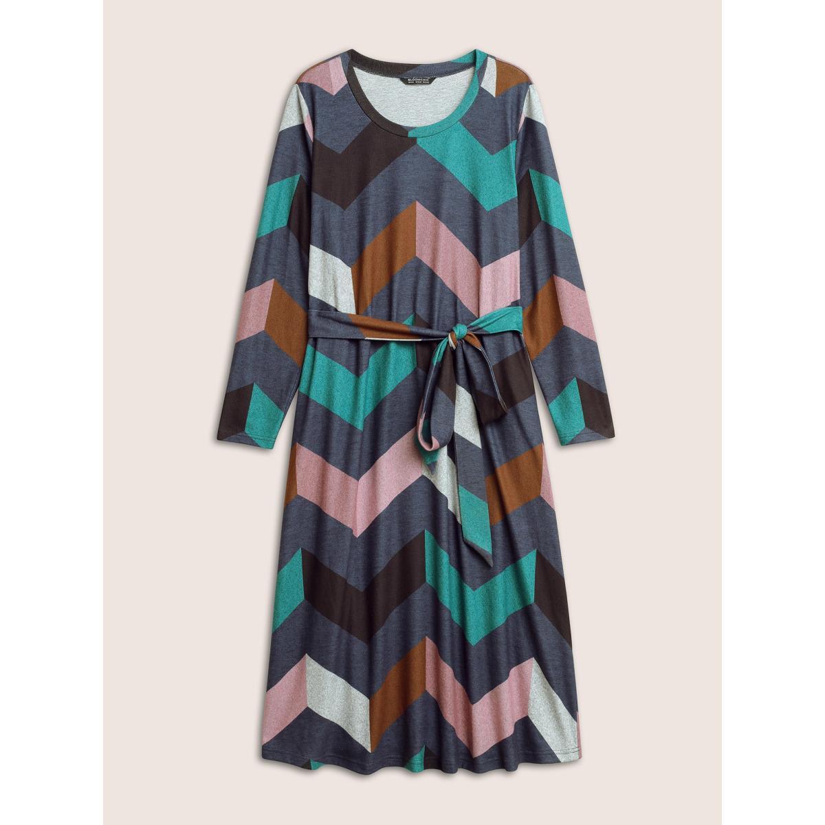 Plus Size Crew Neck Contrast Colorblock Belted Dress Multicolor Women Casual Belted Round Neck Long Sleeve Curvy Midi Dress BloomChic 28/5X Product Image