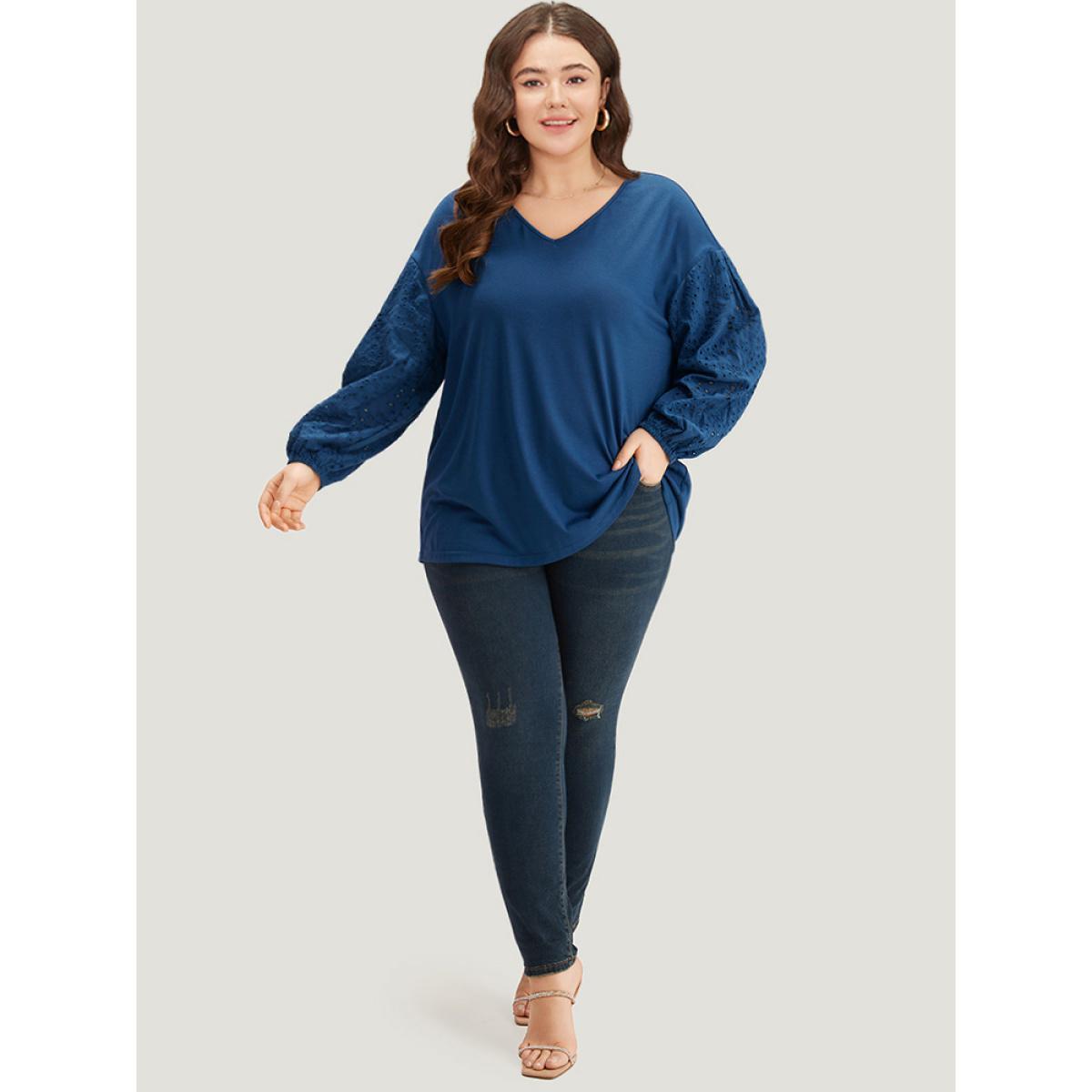 Plus Size V Neck Broderie Anglaise Patchwork Lantern Sleeve T-shirt Aegean Women Elegant Elastic cuffs Plain V-neck Dailywear T-shirts BloomChic 14-16/1X Product Image