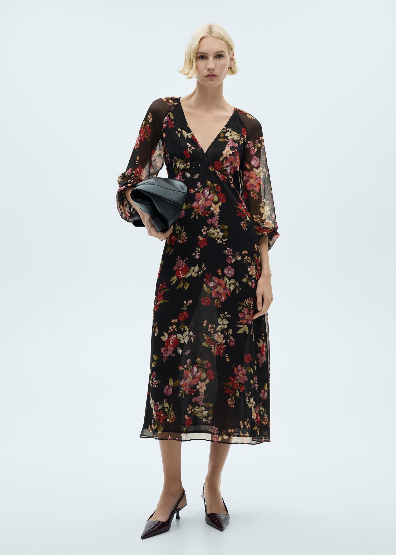 Floral puff-sleeve dress - Women | MANGO USA Product Image