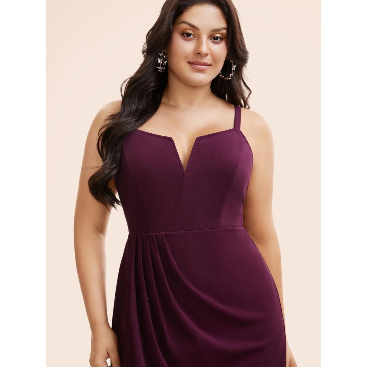 Plus Size Plain Notched Pleated Detail Spaghetti Strap Wrap Hem Dress Eggplant Women Cocktail Adjustable Straps Heart neckline Sleeveless Curvy Midi Dress BloomChic 30/6X Product Image