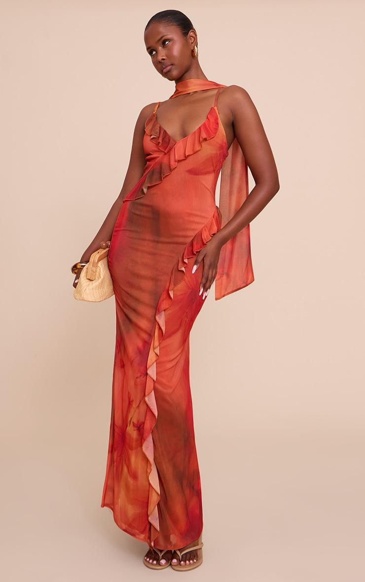 Red Printed Chiffon Frill Details Strappy Maxi Dress Product Image