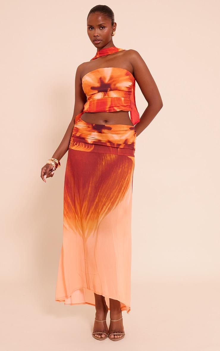 Orange Floral Printed Chiffon Scarf Detail Ruched Bandeau Top Product Image