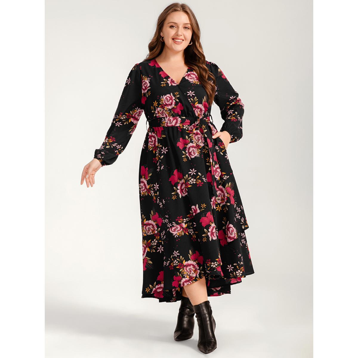 Plus Size Floral Ruffle Lantern Sleeve Pocket Belted Asymmetrical Hem Dress Black Women Elegant Cross straps V-neck Long Sleeve Curvy Long Dress BloomChic 28/5X Product Image