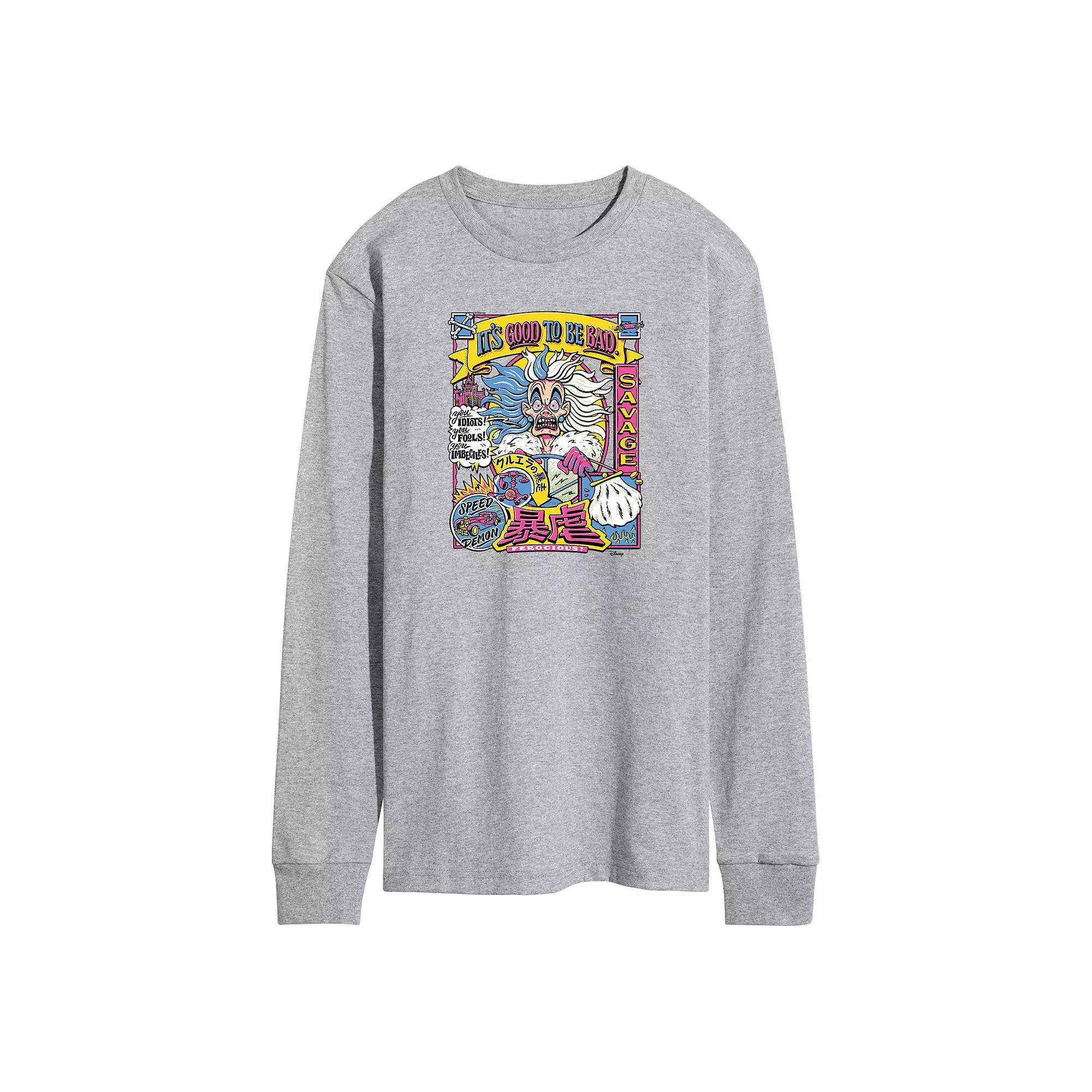 Disney Villains 101 Dalmatians Cruella Deville Mens Anime Long Sleeve Graphic Tee Grey Gray Product Image