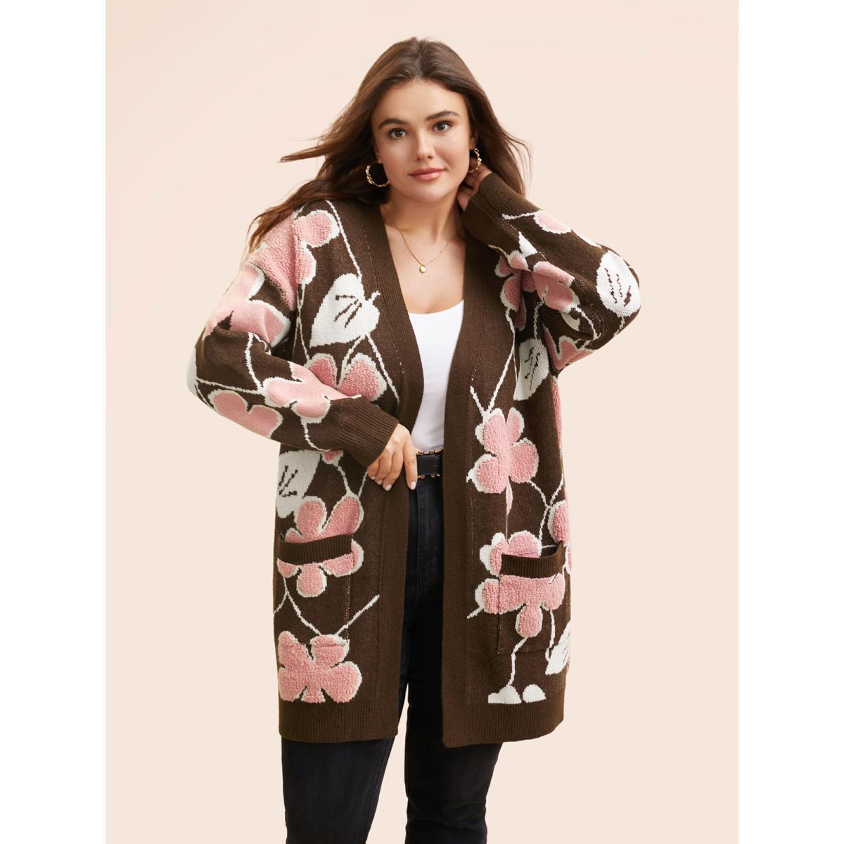 Plus Size Floral Jacquard Open Front Pocket Cardigan Browncoffeecolor Women Casual Loose Long Sleeve Everyday Cardigans BloomChic 26/4X Product Image