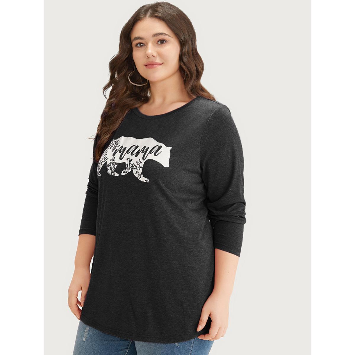 Plus Size Animal & Letter Print Round Neck T-shirt Black Women Casual Printed Occupation Dailywear T-shirts BloomChic 18-20/2X Product Image