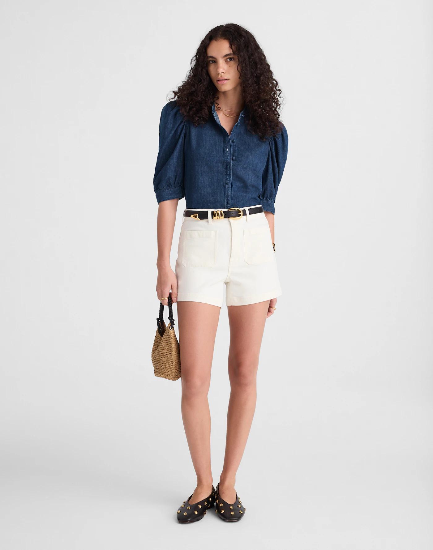 Denim Puff-Sleeve Band-Collar Shirt Product Image