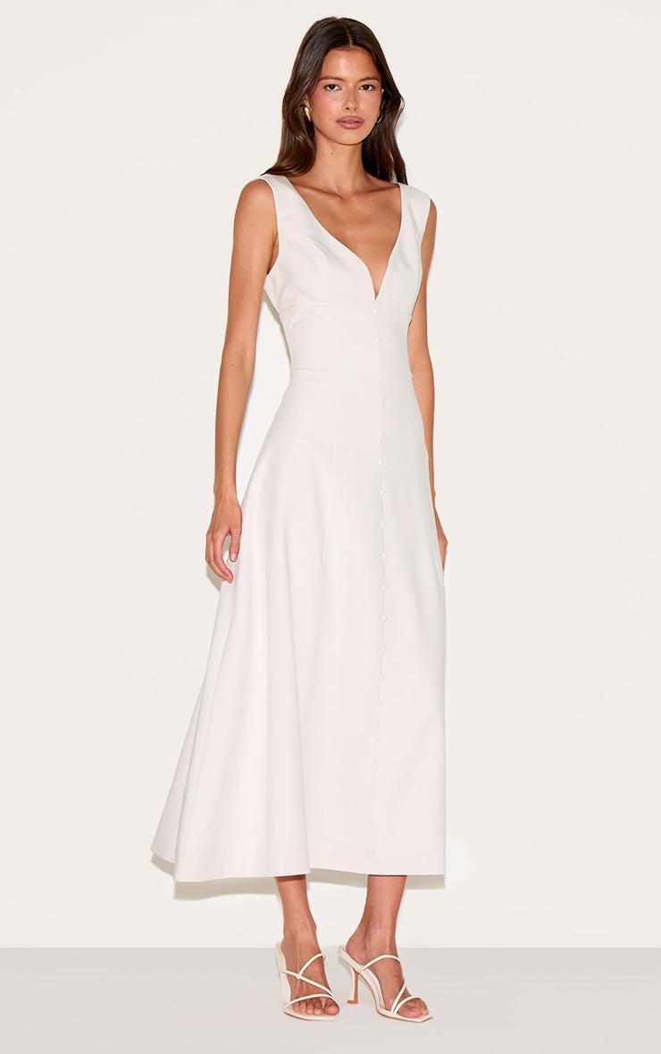  Cream Tailored Woven Plunge Button Down Midi Dress Product Image