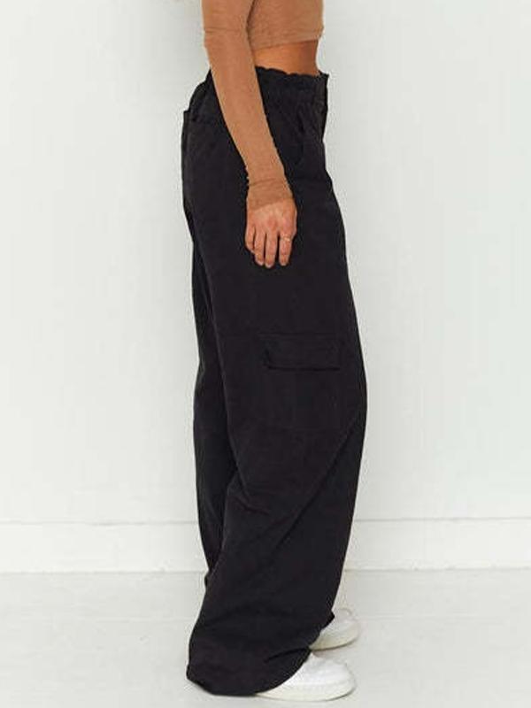 Solid Elastic Waist Multi Pocket Straight Leg Pants Product Image