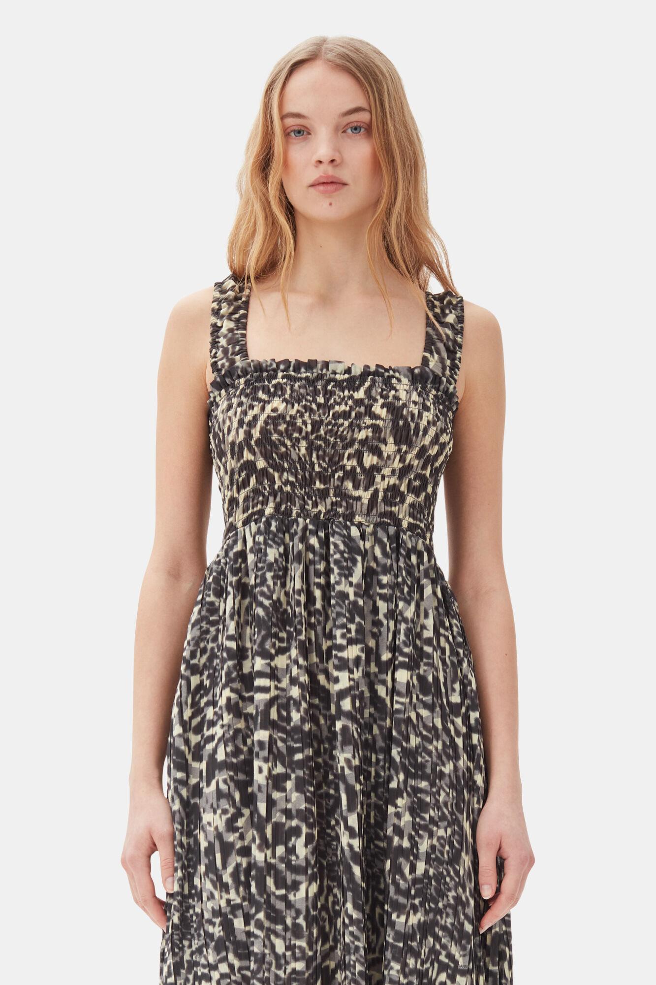 Printed Pleated Georgette Smock Midi Dress Product Image