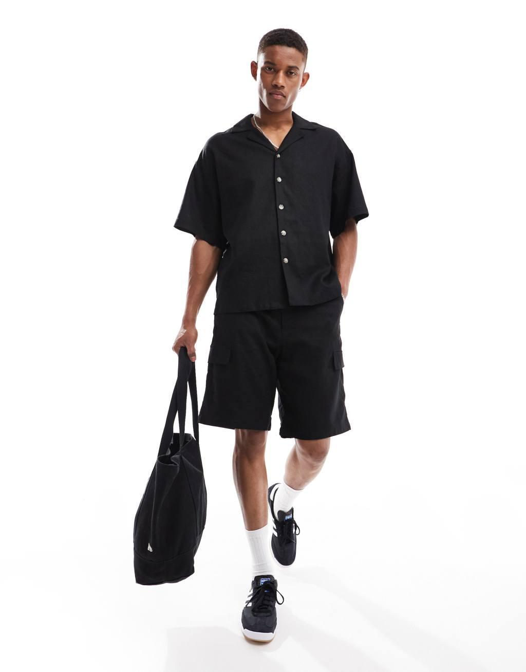 ADPT oversized linen mix revere collar shirt in black Product Image