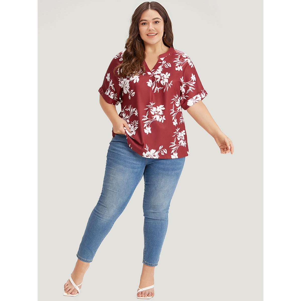 Plus Size Multicolor Silhouette Floral Print Notched Roll Sleeve Blouse Women Elegant Short sleeve V-neck Dailywear Blouses BloomChic 10/M Product Image